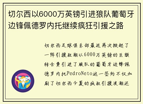 切尔西以6000万英镑引进狼队葡萄牙边锋佩德罗内托继续疯狂引援之路
